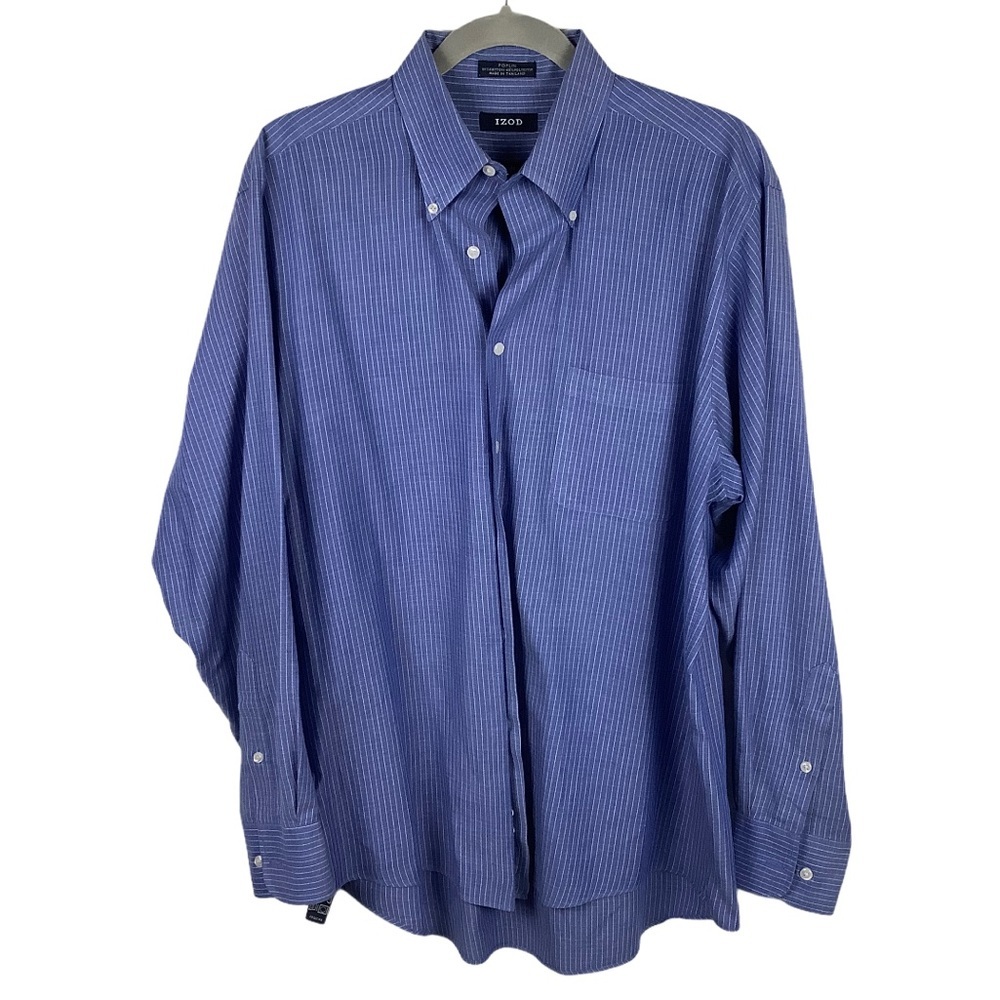 Izod Dress Shirt blue white Windowpane Men Size 16.5 Large Cotton Blend Poplin